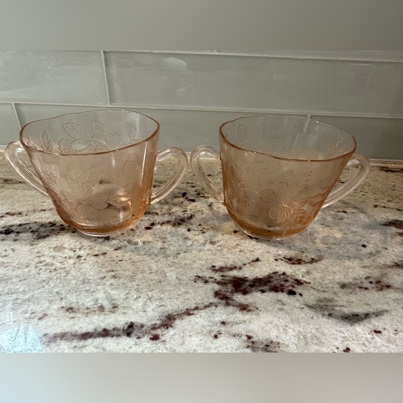Depression Glass 2 Dogwood Macbeth Evans Pink Open Sugar Bowls / Cups W/ Handles - Picture 2 of 12